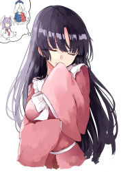 Rule 34 | 3girls, animal ears, arm up, asymmetrical clothes, black hair, blush, bow, bowtie, braid, braided ponytail, breast hold, breasts, closed eyes, collared shirt, commentary request, cropped torso, deetamu, dreaming, eyelashes, faceless, faceless female, frilled shirt collar, frills, highres, hime cut, houraisan kaguya, japanese clothes, large breasts, long hair, long sleeves, medium breasts, multiple girls, necktie, pink shirt, purple hair, rabbit ears, red necktie, reisen udongein inaba, shirt, sidelocks, silver hair, simple background, sleeves past fingers, sleeves past wrists, smile, thought bubble, touhou, translation request, two-tone dress, upper body, white background, white bow, white bowtie, white shirt, wide sleeves, wing collar, yagokoro eirin