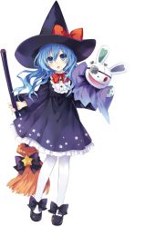 Rule 34 | 10s, 1girl, blue eyes, blue hair, broom, date a live, full body, halloween costume, hand puppet, hat, highres, matching hair/eyes, novel illustration, pantyhose, puppet, ribbon, solo, transparent background, tsunako, witch hat, yoshino (date a live), yoshinon