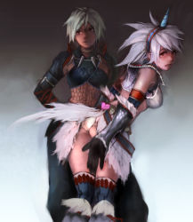 Rule 34 | 2girls, armor, ass, bad id, bad pixiv id, capcom, covering privates, covering ass, elbow gloves, embarrassed, fishnets, gloves, grey hair, hairband, halterneck, halterneck, hand on own hip, hip focus, horns, kirin (armor), leaning forward, looking back, monster hunter (series), multiple girls, nargacuga (armor), open mouth, panties, pantyshot, red eyes, single horn, thighhighs, underwear, white hair, woodenmanatees