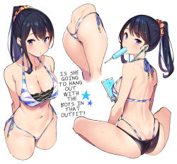 Rule 34 | 10s, 1girl, :&lt;, absurdres, arms behind back, ass, back, bikini, bikini bottom only, black bikini, black hair, breasts, butt crack, cellphone, cleavage, commentary request, food, gridman universe, hair between eyes, hard-translated, highres, holding, holding phone, layered bikini, looking at viewer, looking back, multiple views, navel, orange scrunchie, phone, ponytail, popqn, popsicle, scrunchie, side-tie bikini bottom, sitting, smartphone, ssss.gridman, string, swimsuit, takarada rikka, thick thighs, thighs, third-party edit, thong, thong bikini, translated, v arms, wide hips