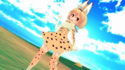 Rule 34 | 10s, 1girl, 3d, animal ears, ass, blonde hair, blush, breasts, cat ears, cat girl, cat tail, cloud, day, from below, full body, kemono friends, large breasts, looking to the side, no panties, open mouth, orange eyes, serval (kemono friends), serval tail, shoes, short hair, sky, solo, tail, thighhighs, thighs