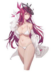 Rule 34 | 1girl, absurdres, bikini, breasts, cleavage, collarbone, cropped legs, fascinator, female focus, fire emblem, fire emblem engage, gloves, hair ornament, hand up, highres, ivy (fire emblem), large breasts, long hair, looking at viewer, matching hair/eyes, meng qian guang, navel, nintendo, open mouth, purple eyes, purple hair, solo, spiked, stomach, swimsuit, underboob, white background, white bikini, white gloves