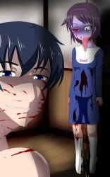 Rule 34 | 1boy, 1girl, artist request, asphyxiation, blood, blood on face, bloodshot eyes, blue eyes, blue hair, corpse party, death, dress, drooling, grin, guro, hairband, hanged, highres, kizami yuuya, long tongue, looking at viewer, mochida yuka, noose, peeing, purple hair, saliva, school dress, short hair, smile, tears, tongue, tongue out