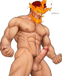 Rule 34 | 1boy, abs, bara, blue eyes, body hair, boku no hero academia, completely nude, cum, endeavor (boku no hero academia), erection, highres, large pectorals, male focus, manly, muscular, nipples, nude, pectorals, pectorals, penis, presenting, pubic hair, realistic, red hair, rnarccus, solo, spiked hair, testicles, thighs, uncensored, white background