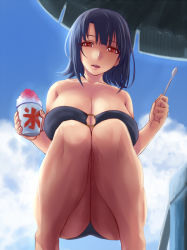 Rule 34 | 1girl, :d, bare arms, bare legs, bare shoulders, bikini, blue bikini, blue hair, blue sky, blunt bangs, breasts, cleavage, cloud, day, feet out of frame, food, holding, holding food, holding spoon, ice cream, ice cream spoon, ishii hisao, kantai collection, knees together feet apart, large breasts, light smile, looking at viewer, o-ring, o-ring bikini, open mouth, outdoors, parasol, parted lips, red eyes, short hair, sky, smile, solo, spoon, squatting, swimsuit, takao (kancolle), umbrella