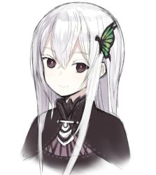Rule 34 | 1girl, black capelet, black dress, brown eyes, butterfly hair ornament, capelet, capriccio, closed mouth, colored eyelashes, commentary request, cropped torso, dress, echidna (re:zero), hair between eyes, hair ornament, long hair, looking at viewer, re:zero kara hajimeru isekai seikatsu, simple background, smile, solo, upper body, white background, white hair