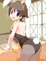 Rule 34 | 1girl, animal ears, ass, bed, black leotard, black pantyhose, blue eyes, brown hair, cowboy shot, day, detached collar, fake animal ears, flipped hair, from behind, hiei (kancolle), indoors, kanoe soushi, kantai collection, leotard, looking at viewer, looking back, open mouth, outline, pantyhose, playboy bunny, rabbit ears, rabbit girl, rabbit tail, short hair, smile, solo, strapless, strapless leotard, tail, white outline, window, wrist cuffs