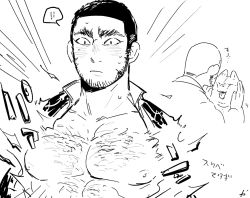 Rule 34 | !, 1boy, bara, bare pectorals, beard, black hair, blush, buzz cut, chest hair, commentary request, dog, facial hair, golden kamuy, greyscale, kaniharu, large pectorals, long sideburns, male focus, mature male, monochrome, multiple views, muscular, muscular male, nipples, open clothes, open shirt, pectoral focus, pectorals, ryu (golden kamuy), short hair, sideburns, spoken exclamation mark, tanigaki genjirou, thick eyebrows, translation request, very short hair