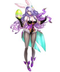 Rule 34 | 1girl, animal ears, bare shoulders, breasts, camilla (fire emblem), camilla (spring) (fire emblem), choker, cleavage, covered navel, easter, easter egg, egg, elbow gloves, fake animal ears, female focus, fire emblem, fire emblem fates, fire emblem heroes, frilled choker, frills, full body, gloves, hair over one eye, hat, high heels, highres, holding, large breasts, leotard, long hair, looking at viewer, maeshima shigeki, nintendo, official alternate costume, official art, overskirt, pantyhose, playboy bunny, purple eyes, purple footwear, purple hair, rabbit ears, rabbit tail, smile, solo, standing, tail, thighs, transparent background