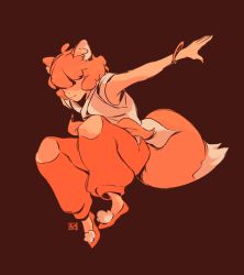 Rule 34 | 1girl, absurdres, animal ears, black background, bracelet, covered eyes, female focus, fox ears, fox girl, fox tail, highres, jewelry, knees up, orange hair, orange tail, orange theme, pants, pom pom (clothes), red footwear, red pants, ruoshui (the legend of luoxiaohei), shirt, shoes, short hair, short sleeves, simple background, smile, solo, stargirl230, tail, luo xiaohei zhanji, white shirt