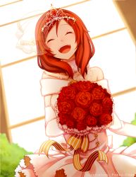 Rule 34 | 10s, 1girl, ^ ^, artist name, bare shoulders, bouquet, bridal veil, bride, closed eyes, crown, dress, elbow gloves, flower, gloves, jewelry, long sleeves, love live!, love live! school idol festival, love live! school idol project, necklace, nishikino maki, off-shoulder dress, off shoulder, open mouth, pokey, ribbon, rose, signature, smile, solo, striped ribbon, tiara, veil, wedding dress, white gloves, window