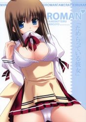 Rule 34 | 1girl, blue eyes, breasts, brown hair, highres, large breasts, miniskirt, mouth hold, open clothes, open shirt, panties, pantyshot, pleated skirt, ribbon, shirt, short hair, skirt, solo, standing, underwear, white panties, zinno