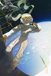 Rule 34 | 1girl, 39, absurdres, aqua eyes, astronaut, blue eyes, boots, cleavage cutout, clothing cutout, cloud, commentary, crescent moon, crotchless, crotchless pants, earth (planet), floating hair, from above, full body, gloves, goggles, goggles on head, green hair, hand up, hatsune miku, highres, holding, holding telescope, in orbit, leotard, long hair, long sleeves, looking away, looking to the side, moon, mr. owlish, multicolored eyes, one eye closed, orange gloves, orange ribbon, outstretched arm, pants, planet, ribbon, science fiction, solo, space, spacecraft, spacesuit, standing, star (sky), symbol-only commentary, telescope, twintails, vocaloid, white leotard