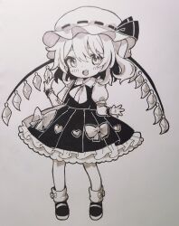 Rule 34 | 1girl, ascot, bow, commentary, crystal, enokishima, fang, flandre scarlet, frilled skirt, frills, full body, greyscale, hat, hat ribbon, heart, highres, looking at viewer, mob cap, monochrome, open mouth, ribbon, shoes, short hair, short sleeves, simple background, skirt, solo, standing, symbol-only commentary, touhou, vest, wings