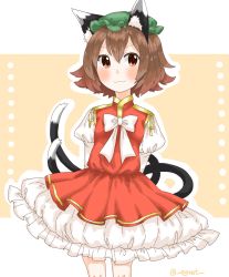 Rule 34 | 1girl, :3, animal ears, brown hair, cat ears, chen, egret, hat, highres, long sleeves, looking at viewer, mob cap, multiple tails, ribbon, short hair, smile, tail, touhou