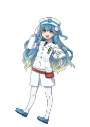 Rule 34 | 1girl, absurdres, anchor hair ornament, blue eyes, blue footwear, blue hair, blush, braid, cat hair ornament, character request, collared shirt, commentary request, epaulettes, full body, gloves, gradient hair, hair ornament, hat, highres, jacket, japan self-defense force, long hair, medal, military, military uniform, multicolored hair, necktie, nogami takeshi, open mouth, original, pantyhose, shirt, shizuoka prefecture, side braids, skirt, smile, solo, transparent background, two-tone hair, uniform, white gloves, white hair, white jacket, white pantyhose, white skirt