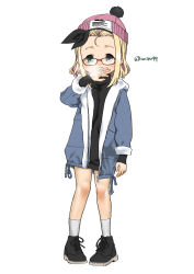 Rule 34 | 1girl, alternate costume, beanie, black dress, black footwear, black sweater, blonde hair, breath, commentary request, dress, green eyes, harukaze unipo, hat, highres, jacket, kantai collection, looking at viewer, luigi torelli (kancolle), medium hair, one-hour drawing challenge, pink hat, pink jacket, shoes, simple background, sneakers, solo, standing, sweater, sweater dress, white background