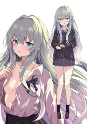 Rule 34 | 1girl, black cardigan, blue bow, blue bowtie, blue eyes, bow, bowtie, breasts, brown footwear, cardigan, full body, grey hair, grey skirt, highres, loafers, long hair, long sleeves, looking at viewer, medium breasts, open clothes, open shirt, original, pleated skirt, rasahan, shirt, shoes, simple background, skirt, socks, solo, standing, white background, white shirt
