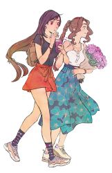 Rule 34 | 2girls, aerith gainsborough, alternate costume, aqua skirt, backpack, bag, black hair, black shirt, bouquet, bracelet, braid, braided ponytail, breasts, brown hair, cup, drinking, drinking straw, earrings, final fantasy, final fantasy vii, final fantasy vii remake, floral print, flower, full body, green eyes, hair tie, highres, holding, holding bouquet, holding cup, jewelry, lanimalu, locked arms, long bangs, long hair, long skirt, looking to the side, low-tied long hair, medium breasts, miniskirt, multiple girls, necklace, parted bangs, parted lips, print skirt, purple flower, red eyes, red skirt, shirt, shoes, short sleeves, skirt, sleeveless, sleeveless shirt, smile, sneakers, spilling, swept bangs, teeth, tifa lockhart, walking, watch, wavy hair, white background, white shirt, wristwatch