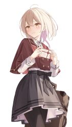 Rule 34 | 1girl, :3, ahoge, black bow, black pantyhose, black skirt, blonde hair, blush, bow, bow skirt, buttons, capelet, collared shirt, commentary request, cowboy shot, dress shirt, hair between eyes, head tilt, highres, holding, holding letter, letter, long hair, long sleeves, looking at viewer, medium hair, nail, nail polish, original, pantyhose, pleated skirt, pleated sleeves, red capelet, senri (senri sen), shaded face, shirt, shirt tucked in, sidelocks, simple background, skirt, smile, solo, swept bangs, two-tone skirt, white background, white skirt, yellow eyes