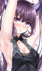 Rule 34 | 1girl, armpits, arms behind head, arms up, bare shoulders, black dress, blue eyes, blush, breasts, china dress, chinese clothes, cleavage, detached sleeves, dress, fate/grand order, fate (series), hair ornament, long hair, looking at viewer, medium breasts, open mouth, petals, purple hair, sidelocks, simple background, solo, to kinji, twintails, very long hair, white background, yang guifei (fate), yang guifei (second ascension) (fate)