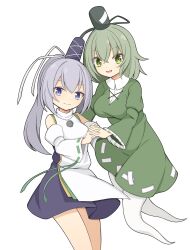 Rule 34 | 2girls, bare shoulders, black headwear, breasts, commentary, detached sleeves, dress, ghost tail, green dress, green eyes, green hair, grey hair, hat, hekkmushi, highres, holding hands, interlocked fingers, japanese clothes, juliet sleeves, kariginu, large breasts, long hair, long sleeves, looking at viewer, mononobe no futo, multiple girls, ofuda, ofuda on clothes, open mouth, pom pom (clothes), ponytail, puffy sleeves, ribbon-trimmed sleeves, ribbon trim, short hair, simple background, soga no tojiko, tate eboshi, touhou, white background