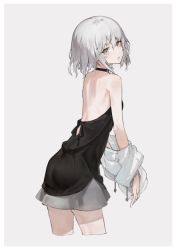 Rule 34 | 1girl, backless dress, backless outfit, bare shoulders, black dress, cowboy shot, drawstring, dress, female focus, from behind, grey background, grey eyes, grey hair, hair between eyes, halterneck, highres, kakuchou shoujo-kei trinary, looking at viewer, looking back, neco, pale skin, parted lips, short hair, simple background, sketch, solo, standing, sumeragi chiharu, undressing