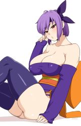 Rule 34 | 1girl, ayane (doa), bare shoulders, blush, breasts, cleavage, dead or alive, detached sleeves, covered erect nipples, headband, highres, large breasts, obi, panties, parted lips, purple hair, red eyes, sash, short hair, sitting, skindentation, sleeves past wrists, solo, thighhighs, underwear, zonda (solid air)