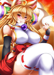 Rule 34 | 1girl, ahoge, animal ears, bare shoulders, blonde hair, breasts, cleavage, elbow gloves, eyebrows, female focus, fox ears, gloves, hip vent, izuna (shinrabanshou), kittan (cve27426), large breasts, long hair, looking at viewer, multiple tails, shinrabanshou, sideboob, smile, solo, tail, thighhighs, thighs, white thighhighs