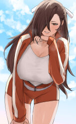 Rule 34 | 1girl, alternate costume, braid, breasts, brown eyes, brown hair, cleavage, covered erect nipples, exercising, fire emblem, fire emblem fates, grin, hair over one eye, heavy breathing, highres, huge breasts, jacket, kagero (fire emblem), leaning forward, long hair, nintendo, open clothes, open jacket, oyatsu 0, shorts, smile, solo, sweat, thighs, very long hair