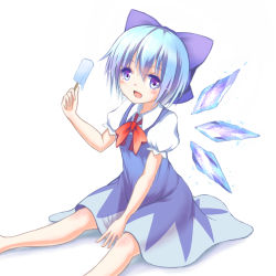 Rule 34 | 1girl, :d, blue eyes, blue hair, bow, cirno, dress, food, hair bow, melting, open mouth, popsicle, short hair, simple background, sitting, smile, solo, touhou, tsuri buta, wings