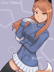 Rule 34 | 1girl, animal ears, bookmarkahead, brown eyes, brown hair, character name, dutch angle, highres, long hair, looking at viewer, military, military uniform, original, skirt, smile, solo, thighhighs, uniform, world witches series, zettai ryouiki