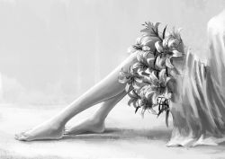 Rule 34 | 1girl, barefoot, dress, flower, greyscale, legs, lily (flower), menka, monochrome, original, sitting, solo
