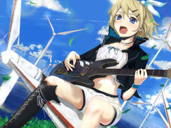 Rule 34 | 1girl, blonde hair, blue eyes, boots, cloud, cross-laced footwear, day, guitar, hair ornament, hair ribbon, hairclip, instrument, kagamine rin, keepout, leaf, midriff, music, navel, ocean, open mouth, ribbon, short hair, shorts, singing, sitting, sky, solo, soramu, vocaloid, whammy bar, wind, wind turbine, windmill