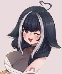 Rule 34 | 1girl, :3, absurdres, ahoge, bell, belt collar, black hair, blue collar, blush, body markings, braid, breasts, cleavage, collar, facial mark, hair over shoulder, heart, heart ahoge, highres, indie virtual youtuber, large breasts, long hair, multicolored hair, neck bell, one eye closed, open mouth, orca girl, purple eyes, see-through, see-through cleavage, see-through shirt, see-through swimsuit, shylily, shylily (3rd costume), simple background, sky above me, smile, streaked hair, twin braids, upper body, v arms, virtual youtuber, whale girl, white hair
