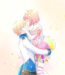 Rule 34 | 1boy, 1girl, blonde hair, carrying, closed eyes, closed mouth, collared shirt, confetti, elbow gloves, gloves, gradient hair, hair ornament, hand on another&#039;s face, hetero, highres, kiss, long sleeves, momomo (m0 3), multicolored hair, ootori emu, open mouth, orange hair, pink hair, project sekai, shirt, short hair, simple background, tenma tsukasa, wonderlands x showtime (project sekai)