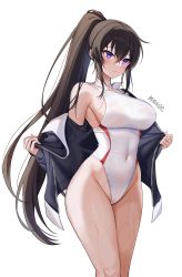 Rule 34 | 1girl, absurdres, black hair, black jacket, breasts, competition swimsuit, counter:side, covered navel, crossed bangs, groin, hair between eyes, highleg, highleg swimsuit, highres, jacket, large breasts, long hair, maett, one-piece swimsuit, parted lips, ponytail, purple eyes, removing jacket, sidelocks, simple background, single bare shoulder, solo, swimsuit, thighs, very long hair, wet, white background, white one-piece swimsuit, wide hips, yoo mina