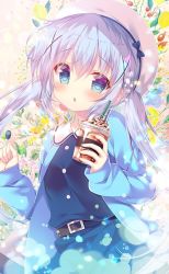 Rule 34 | 1girl, :o, belt, beret, blue bow, blue dress, blue eyes, blue hair, blue jacket, blush, bow, clenched hand, commentary request, cup, dress, drinking straw, floral background, gochuumon wa usagi desu ka?, hair ornament, hand up, hat, hat bow, holding, holding cup, jacket, kafuu chino, light blue hair, long hair, long sleeves, looking at viewer, mitsumomo mamu, sidelocks, solo, twintails, white hat, x hair ornament