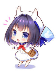 Rule 34 | 1girl, :d, bag, beret, black hair, blue eyes, blue sailor collar, blush, chibi, colored shadow, commentary request, dress, flag, hair intakes, hat, holding, holding flag, horns, long hair, long sleeves, looking at viewer, mole, mole under eye, neckerchief, notice lines, open mouth, original, red neckerchief, sailor collar, sailor dress, seta (monyun), shadow, shoulder bag, smile, solo, white background, white dress, white hat