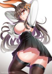 Rule 34 | 1girl, :o, absurdres, animal ears, ass, azur lane, back, blush, braid, breast curtains, breasts, brown skirt, chikuma (azur lane), crossed bangs, earrings, hair ornament, high-waist skirt, highres, jewelry, katou shinobu, large breasts, long hair, long sleeves, looking at viewer, mole, mole under mouth, parted lips, pleated skirt, rabbit ears, red eyes, red neckwear, red thighhighs, sideboob, skindentation, skirt, smile, thick thighs, thighhighs, thighs