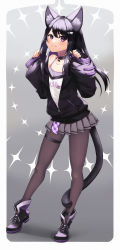 Rule 34 | 1girl, absurdres, animal ears, black choker, black footwear, black gloves, black hair, black pantyhose, blush, boots, camisole, cat ears, cat girl, cat tail, choker, fingerless gloves, flat chest, full body, gloves, gradient hair, grey skirt, highres, indie virtual youtuber, jacket, ksp (vtuber), long hair, looking at viewer, miniskirt, multicolored hair, noname0516, open clothes, open jacket, pantyhose, pleated skirt, purple eyes, purple hair, purple jacket, skirt, sleeves past wrists, solo, standing, tail, thigh strap, tiptoes, unzipped, virtual youtuber, zipper, zipper pull tab