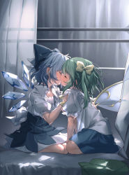Rule 34 | 2girls, absurdres, blue bow, blue hair, blue skirt, blush, bow, cirno, commentary request, commission, curtains, daiyousei, closed eyes, fairy wings, from side, green hair, hair bow, highres, ice, ice wings, indoors, kiss, long hair, masanaga (tsukasa), multiple girls, puffy sleeves, shirt, short hair, sitting, skeb commission, skirt, sweat, touhou, white shirt, wings, yellow bow, yuri