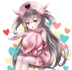 Rule 34 | 1girl, apron, bad id, bad pixiv id, blush, fang, hair ornament, hat, heart, heart print, hug, light brown hair, long hair, looking at viewer, melings (aot2846), natori sana, nurse, nurse cap, open mouth, pink apron, pink hat, pleated skirt, pocket, puffy short sleeves, puffy sleeves, rabbit hair ornament, red eyes, sana channel, short sleeves, simple background, sitting, skirt, solo, spoken heart, thighhighs, thighs, virtual youtuber, white thighhighs