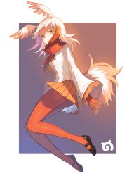 Rule 34 | 10s, 1girl, absurdres, bird tail, brown hair, commentary, frilled sleeves, frills, full body, fur collar, gloves, hand on own chest, head wings, highres, japanese crested ibis (kemono friends), japari symbol, kemono friends, long hair, long sleeves, looking at viewer, multicolored hair, orange skirt, pantyhose, pleated skirt, red gloves, red hair, red pantyhose, shiba inu (happy13227), shirt, shoes, skirt, solo, tail, white hair, white shirt, wide sleeves, wings, yellow eyes