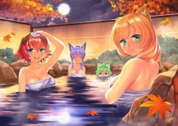 Rule 34 | &lt;o&gt; &lt;o&gt;, 4girls, akizora yuzu, animal ear fluff, animal ears, autumn leaves, back, bathing, blonde hair, breast envy, breasts, cat ears, cat girl, cleavage, closed eyes, closed mouth, dog ears, dog girl, fox ears, fox girl, full moon, fuyubare kiyo, green eyes, green hair, hair between eyes, hair up, harukaze sui, highres, kyu (wein-seria), large breasts, long hair, looking at another, looking at viewer, looking back, moon, multiple girls, naked towel, natsubi aya, night, onsen, open mouth, original, purple hair, raccoon ears, raccoon girl, red hair, rock, short hair, smile, steam, towel, towel on head, water, wet, white towel