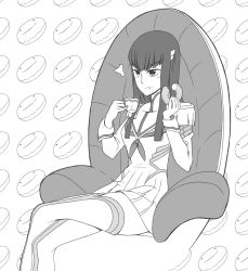 Rule 34 | 10s, 1girl, :t, animated, animated gif, boots, chair, cup, doughnut, dress, eating, food, greyscale, hair ornament, hairclip, highres, junketsu, kill la kill, kiryuuin satsuki, kuso otoko, crossed legs, long hair, monochrome, pinky out, sitting, solo, ^^^, teacup, thigh boots, thighhighs