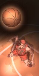 Rule 34 | 1boy, absurdres, ball, basketball (object), basketball court, basketball jersey, basketball uniform, bishounen, black eyes, buzz cut, catching, chamuring, full body, highres, light particles, looking up, male focus, open mouth, red footwear, red hair, red shorts, red tank top, sakuragi hanamichi, shoes, short hair, shorts, slam dunk (series), sneakers, solo, sportswear, tank top, toned, toned male, very short hair