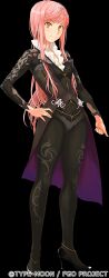Rule 34 | 1girl, black bodysuit, bodysuit, breasts, buttons, cnoc na riabh (fate), fate/grand order, fate (series), full body, hand on own hip, high heels, highres, long hair, looking at viewer, medb (fate), official art, pink hair, scarf, small breasts, smile, solo, takayama kisai, transparent background, yellow eyes