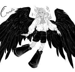 Rule 34 | 1boy, black wings, character name, crocodile9 5, dark skin, greyscale, hair slicked back, highres, male focus, monochrome, one piece, s-crocodile, scar, scar on face, seraphim (one piece), shirt, simple background, smile, solo, star-shaped pupils, star (symbol), symbol-shaped pupils, white hair, white shirt, wings