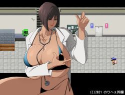 Rule 34 | 2girls, breasts, brown hair, doctor, huge breasts, lab coat, multiple girls, noriheita, smile, stethoscope